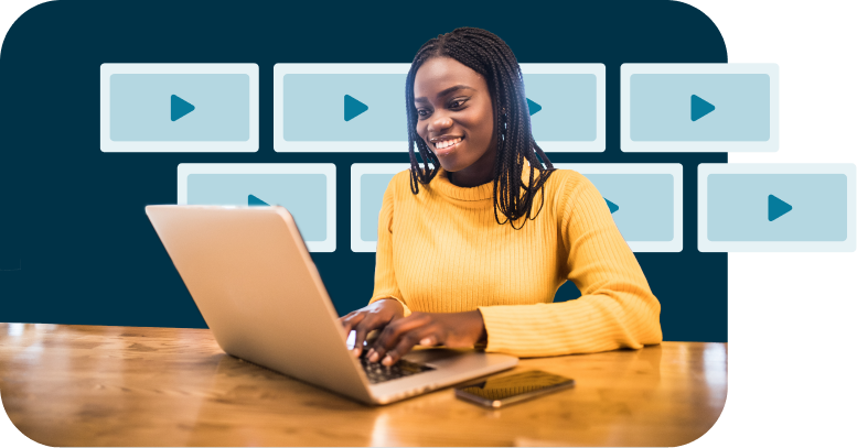 happy professional woman with tablet in front of contribution graph background
