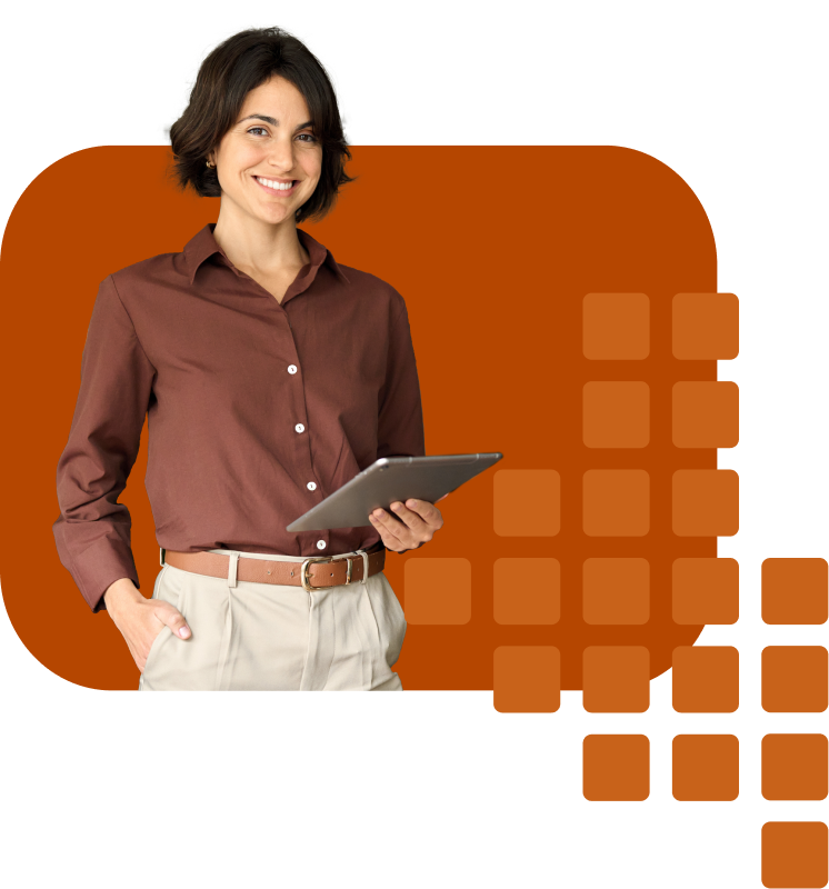 happy professional woman with tablet in front of contribution graph background