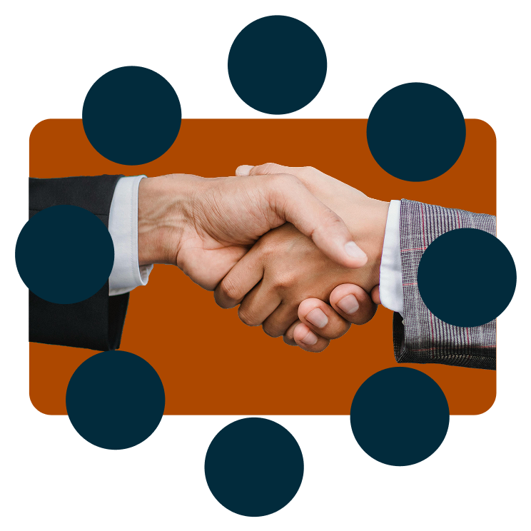 shaking hands photo with graphic of circle of circles on top